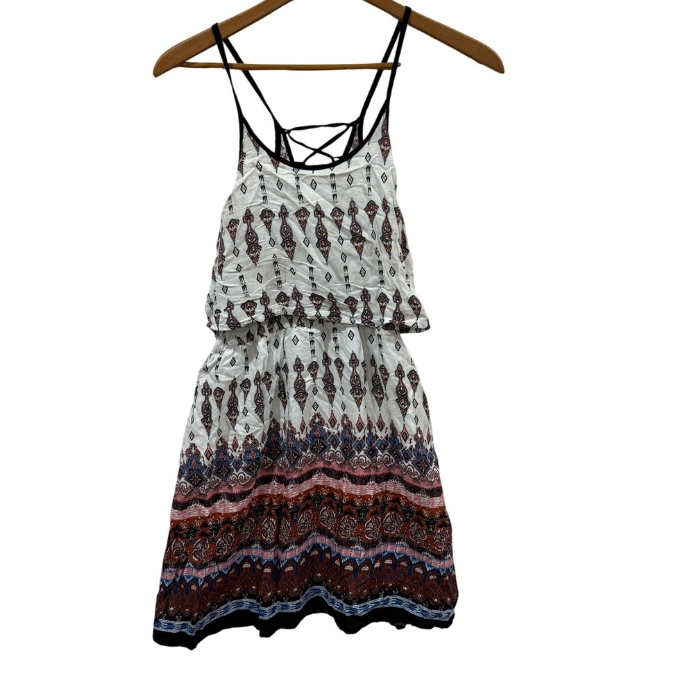 Papaya Womens Boho Geometric Print Lace Up Back Mini Dress White Red Blue Size M